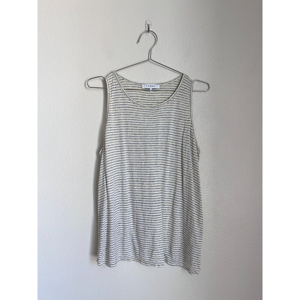 FRAME Linen Stripe Tank Top in White/Yellow/Navy Size LARGE